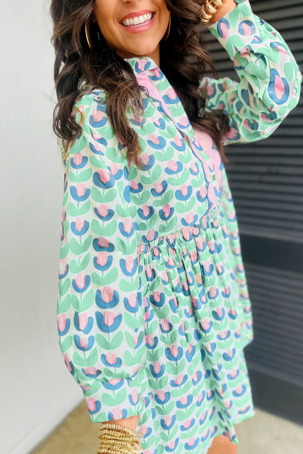 Green Floral Print Scallop Trim Pocket Mini Dress - MAD RUFFI