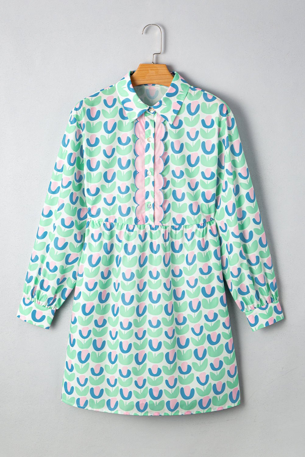 Green Floral Print Scallop Trim Pocket Mini Dress - MAD RUFFI