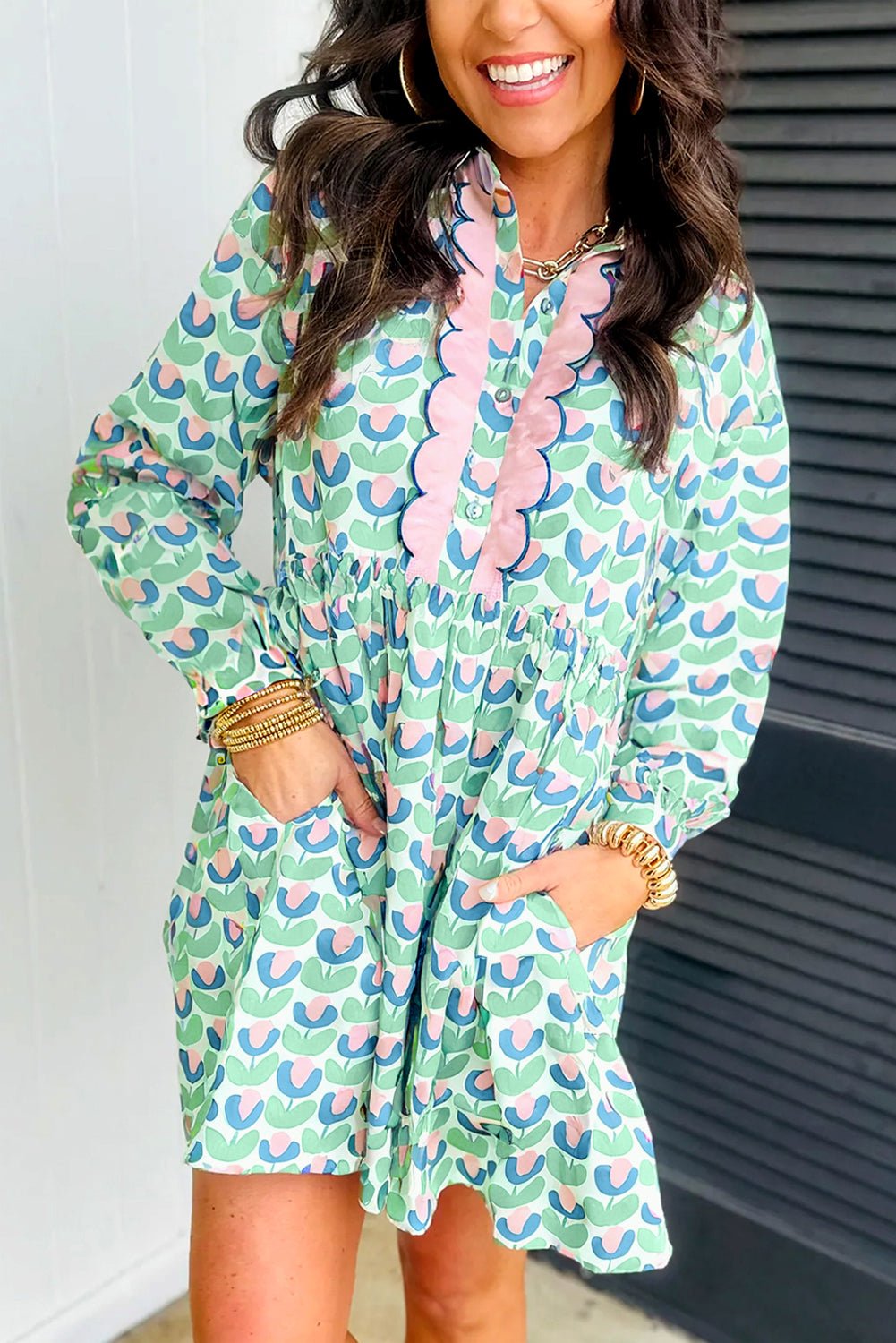 Green Floral Print Scallop Trim Pocket Mini Dress - MAD RUFFI