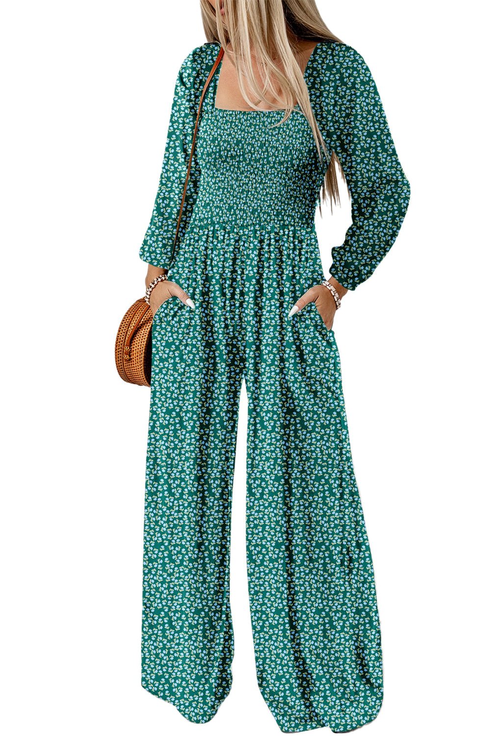 Green Floral Print Shirred Bodice Square Neck Wide Leg Jumpsuit - MAD RUFFI