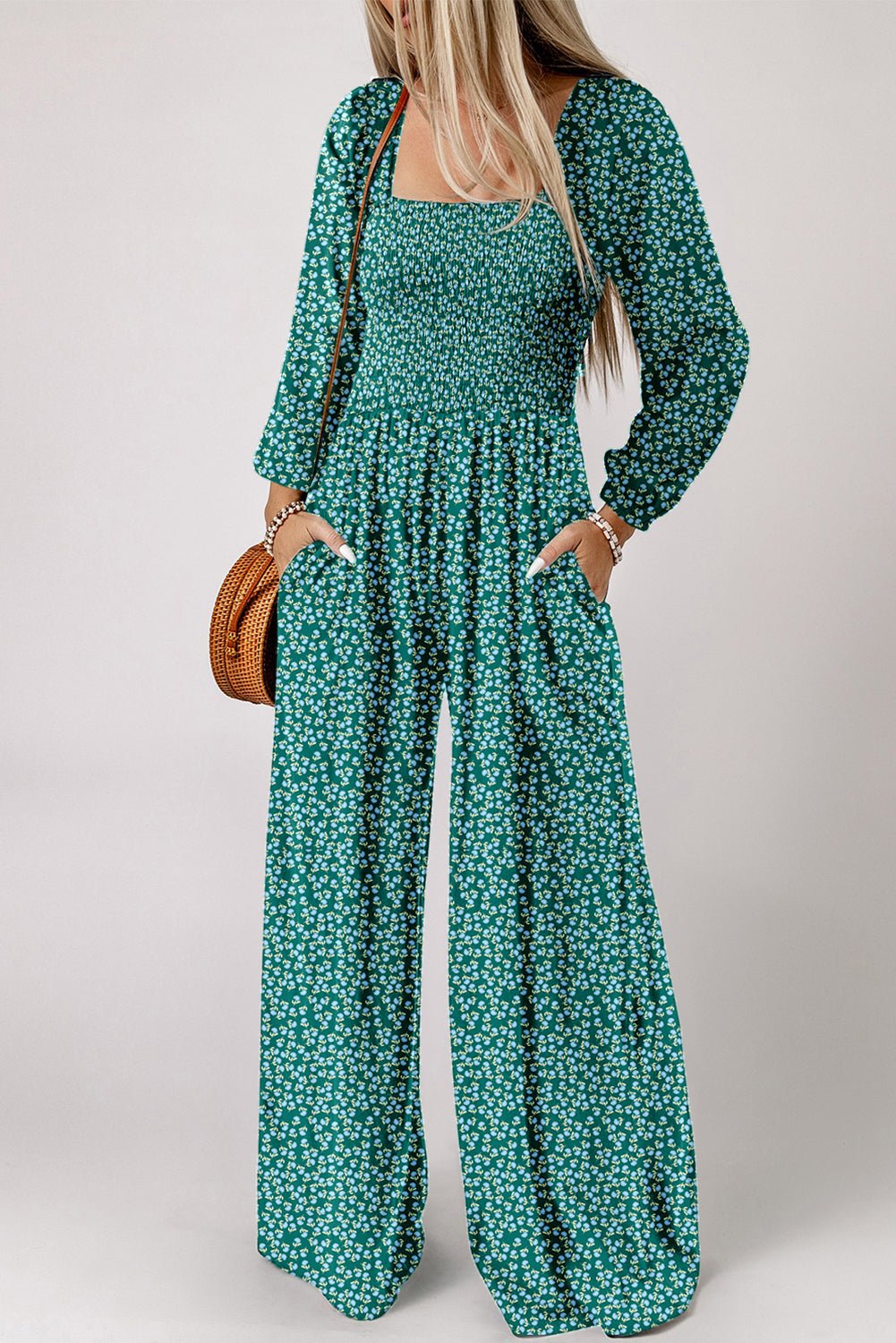 Green Floral Print Shirred Bodice Square Neck Wide Leg Jumpsuit - MAD RUFFI