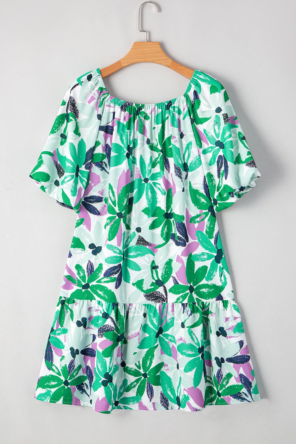 Green Floral Print Shirred Square Neck Loose Fit Mini Dress - MAD RUFFI