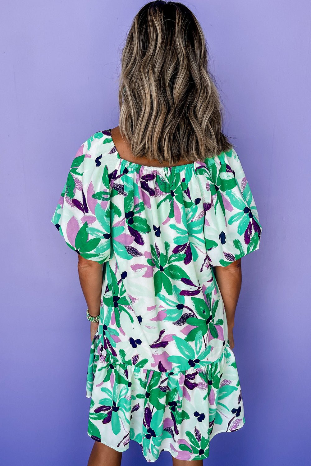 Green Floral Print Shirred Square Neck Loose Fit Mini Dress - MAD RUFFI