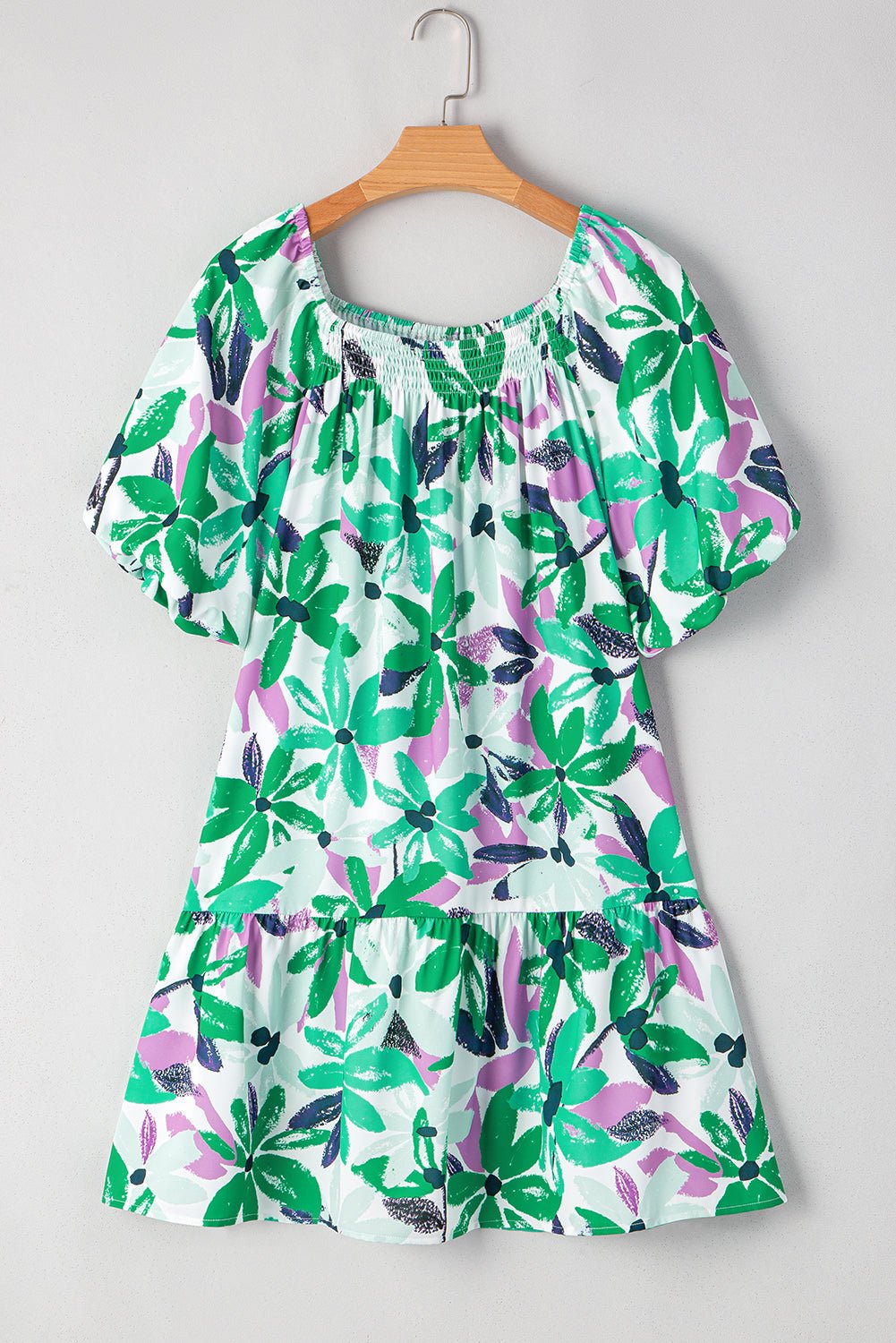 Green Floral Print Shirred Square Neck Loose Fit Mini Dress - MAD RUFFI