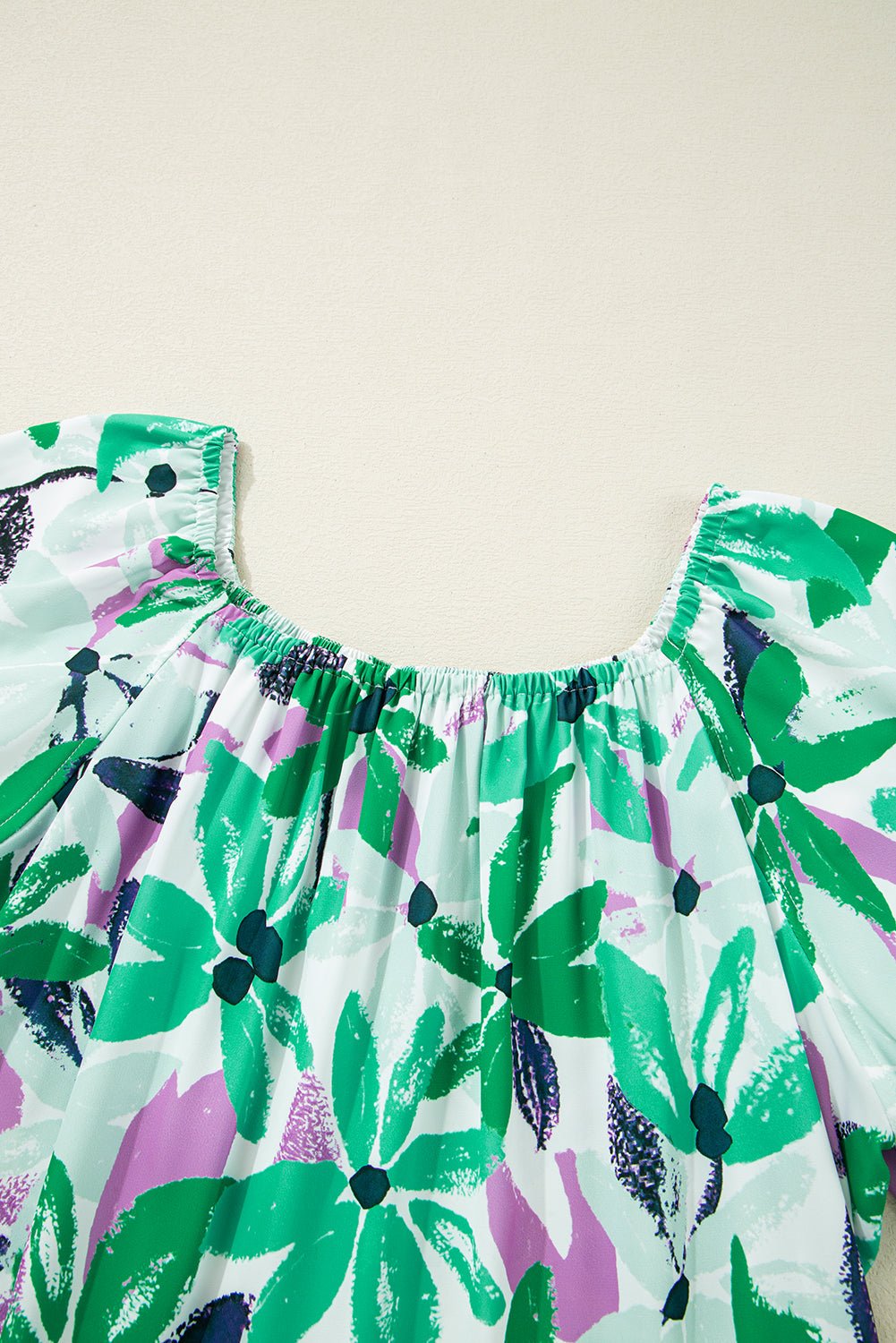 Green Floral Print Shirred Square Neck Loose Fit Mini Dress - MAD RUFFI