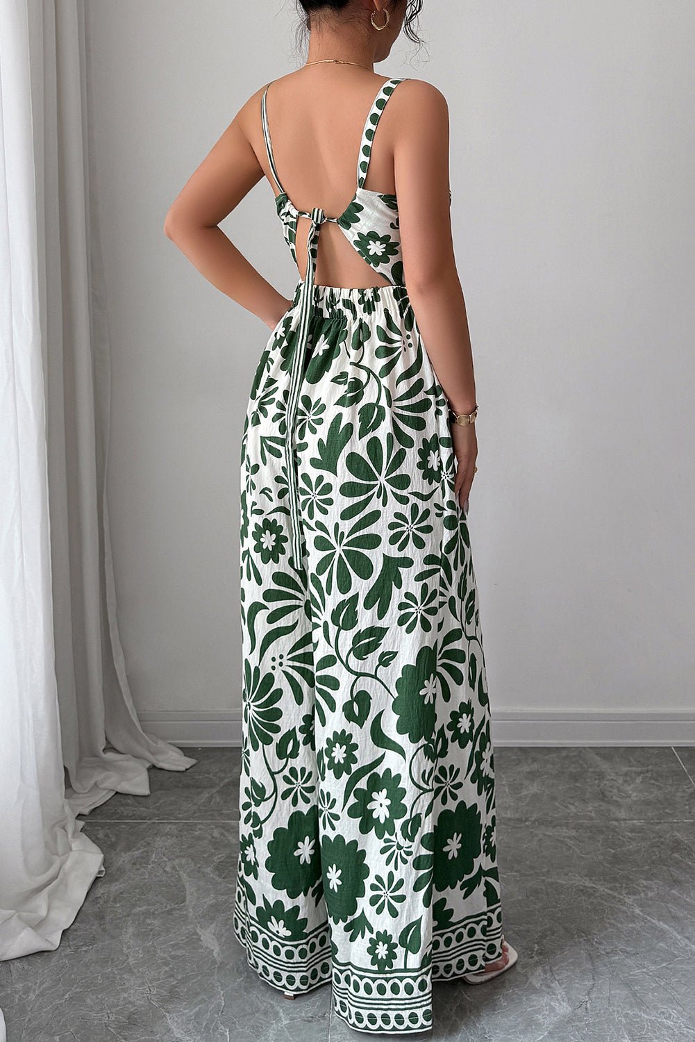 Green Floral Print Spaghetti Straps Backless Wide Leg Jumpsuit - MAD RUFFI