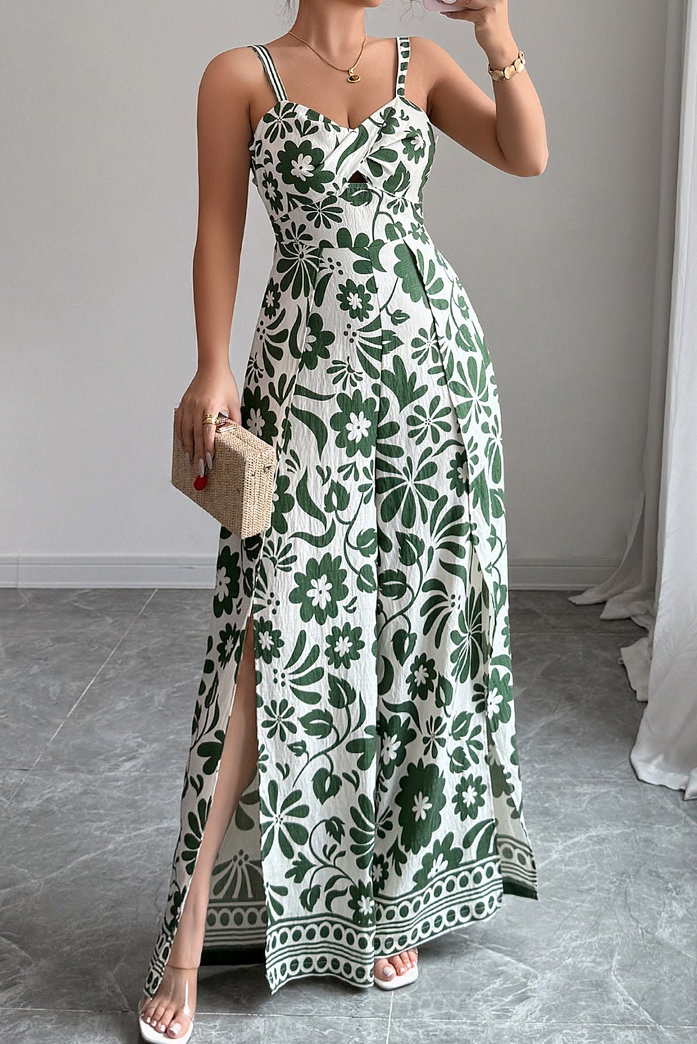 Green Floral Print Spaghetti Straps Backless Wide Leg Jumpsuit - MAD RUFFI