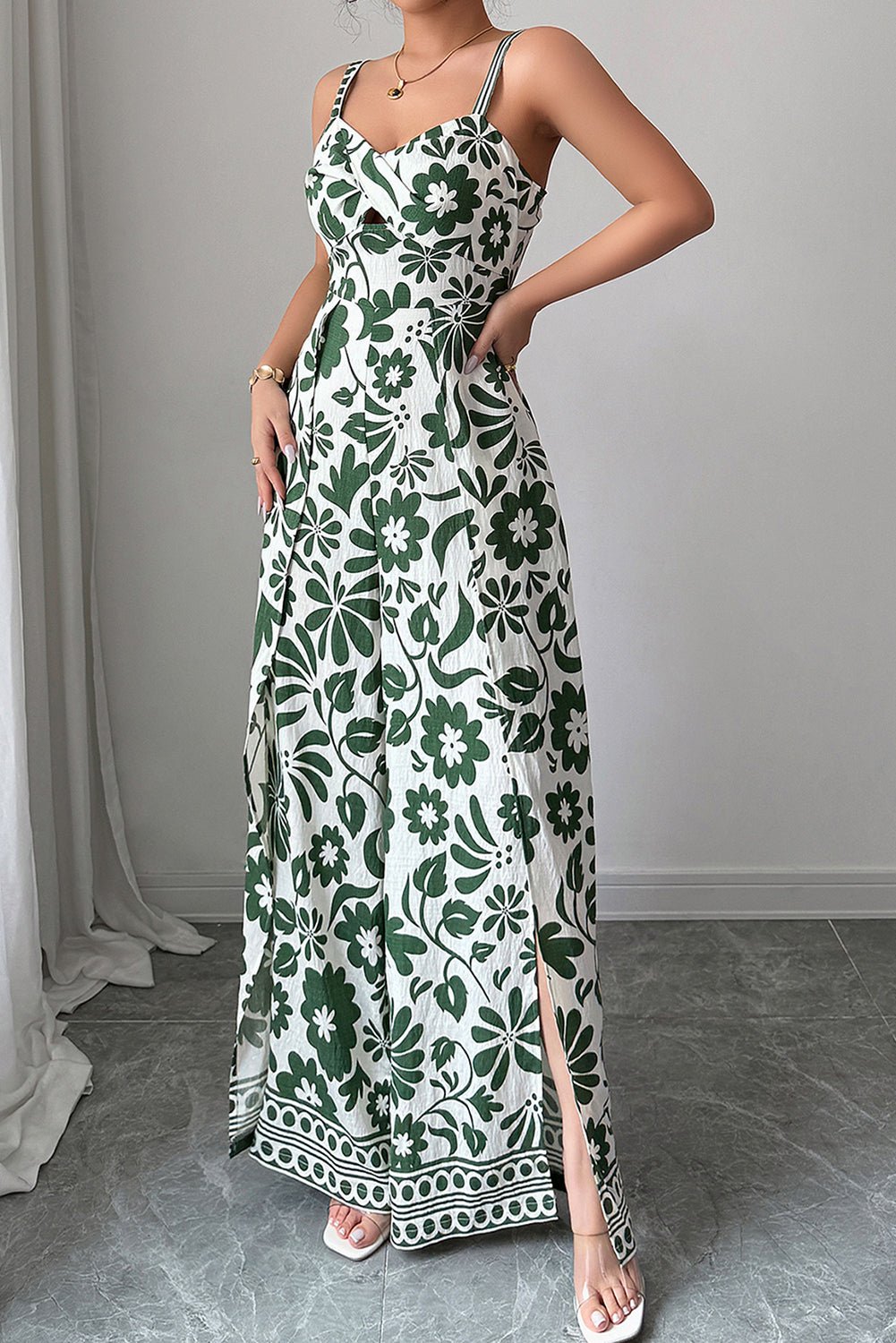Green Floral Print Spaghetti Straps Backless Wide Leg Jumpsuit - MAD RUFFI