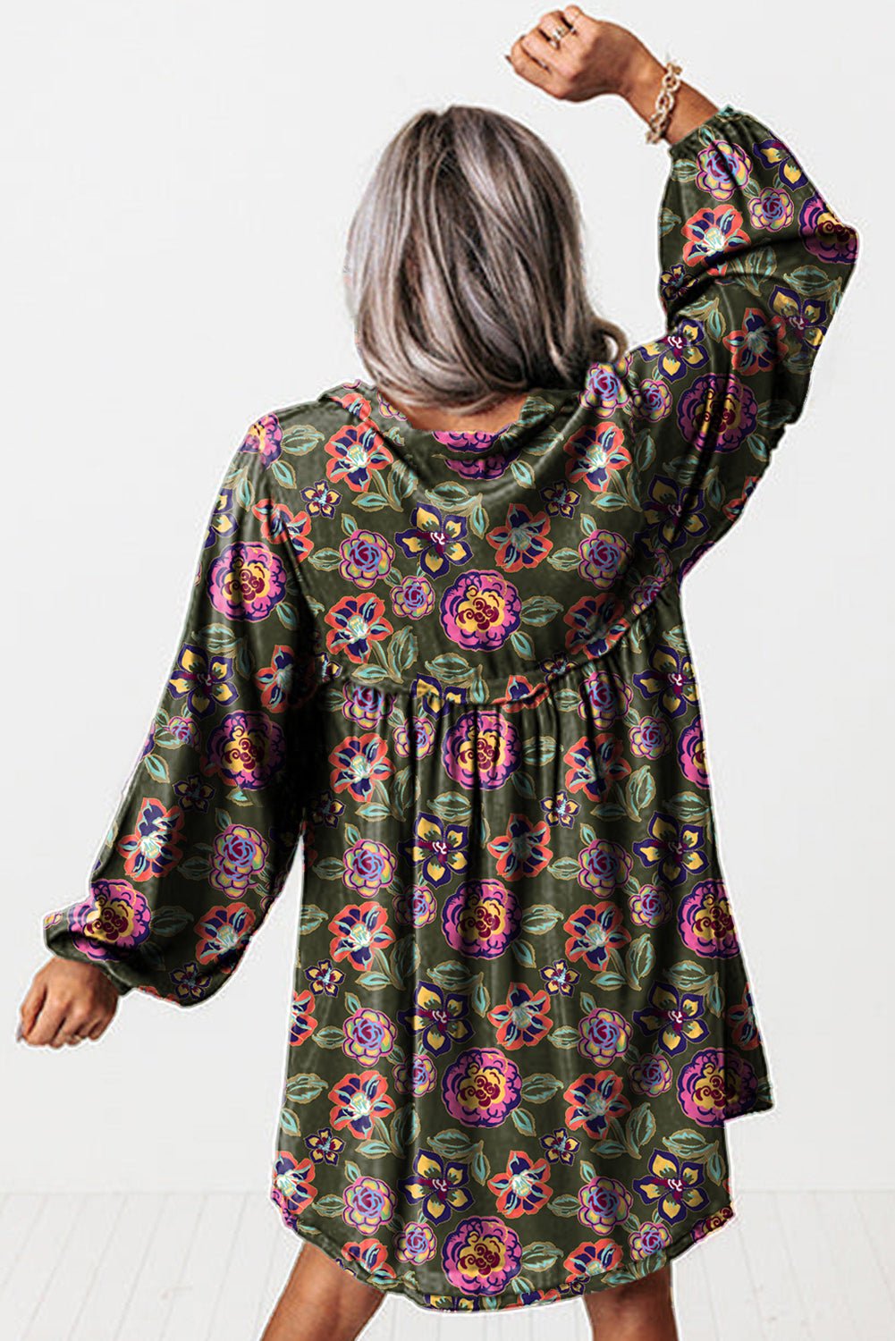 Green Floral Print Split Neck Bubble Sleeve Mini Dress - MAD RUFFI