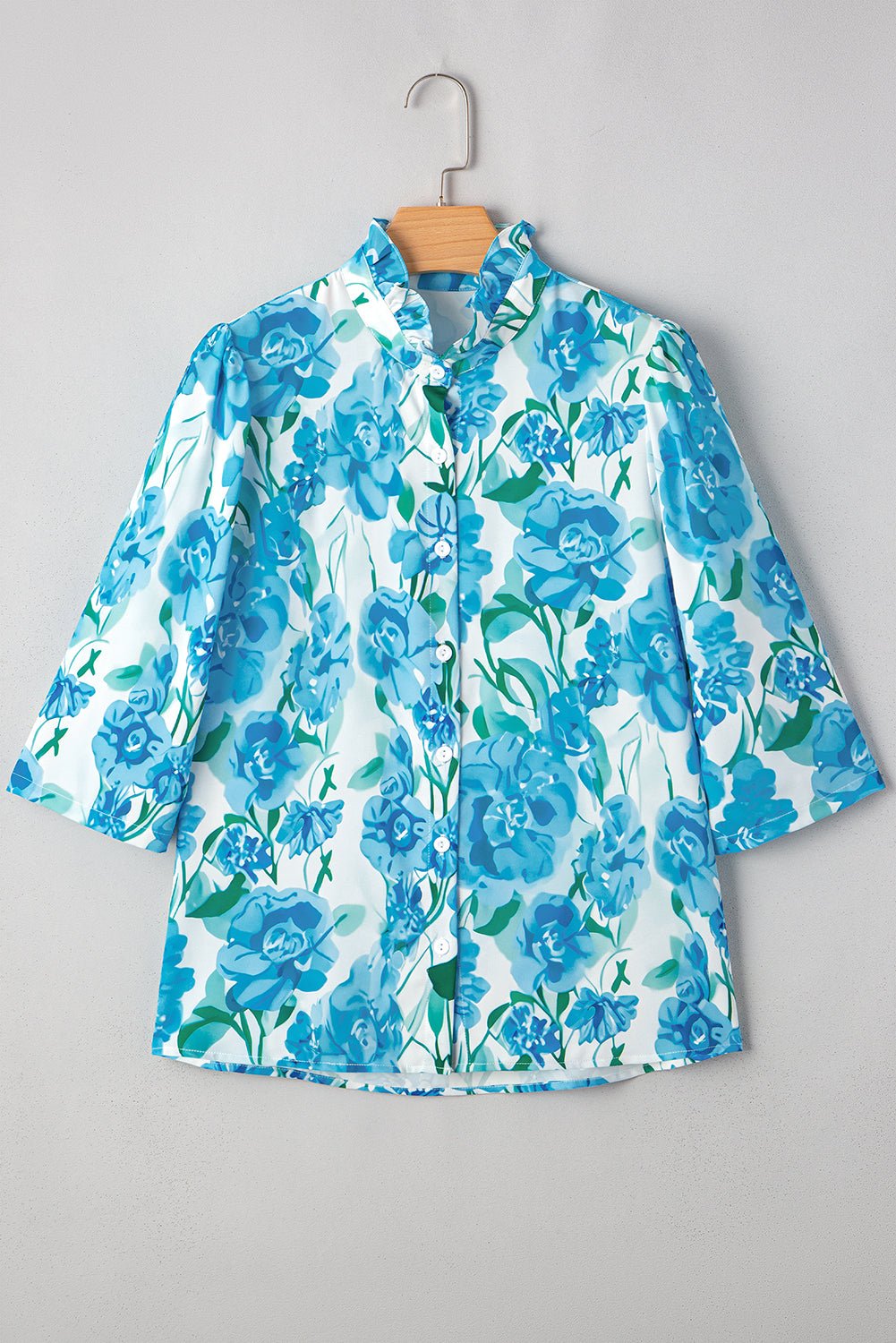 Green Floral Print Stand Neck Puff Sleeve Shirt - MAD RUFFI