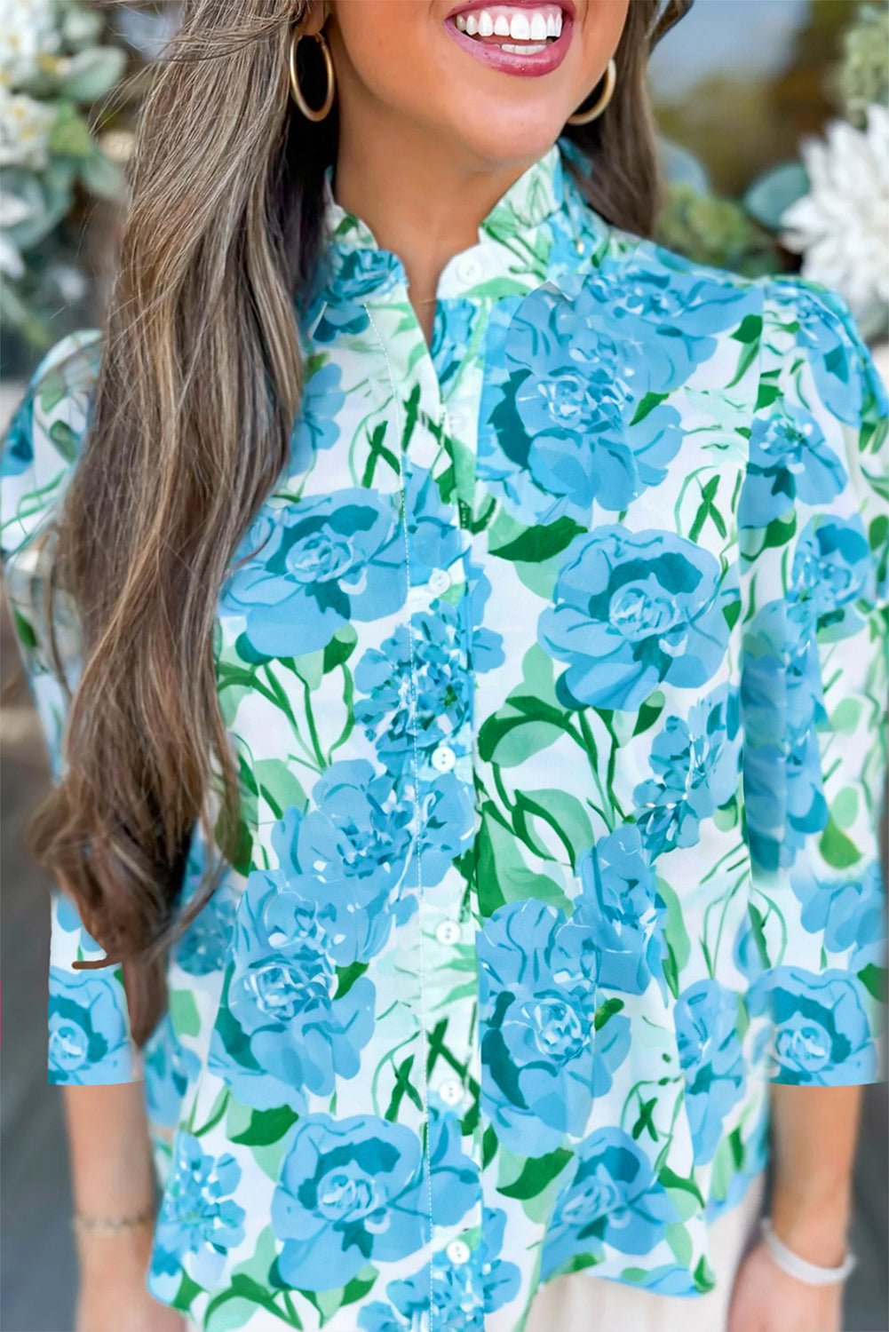 Green Floral Print Stand Neck Puff Sleeve Shirt - MAD RUFFI