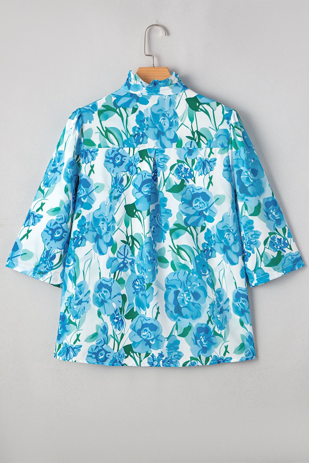 Green Floral Print Stand Neck Puff Sleeve Shirt - MAD RUFFI