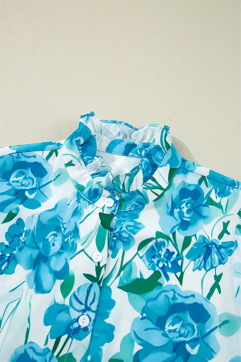 Green Floral Print Stand Neck Puff Sleeve Shirt - MAD RUFFI