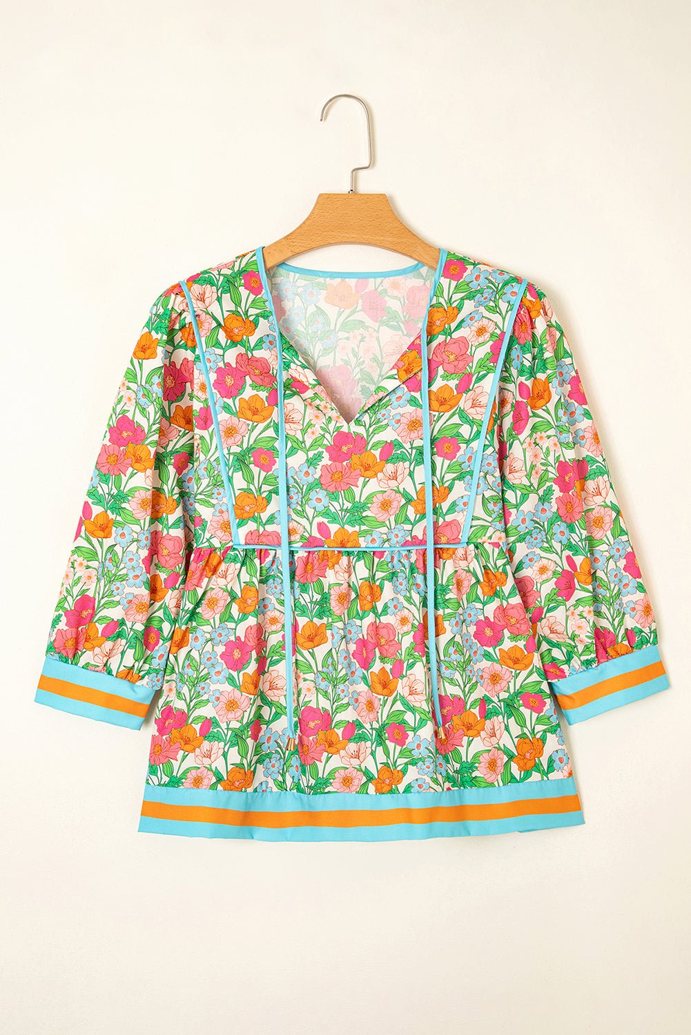 Green Floral Print Striped Trim Puff Sleeve Babydoll Blouse - MAD RUFFI