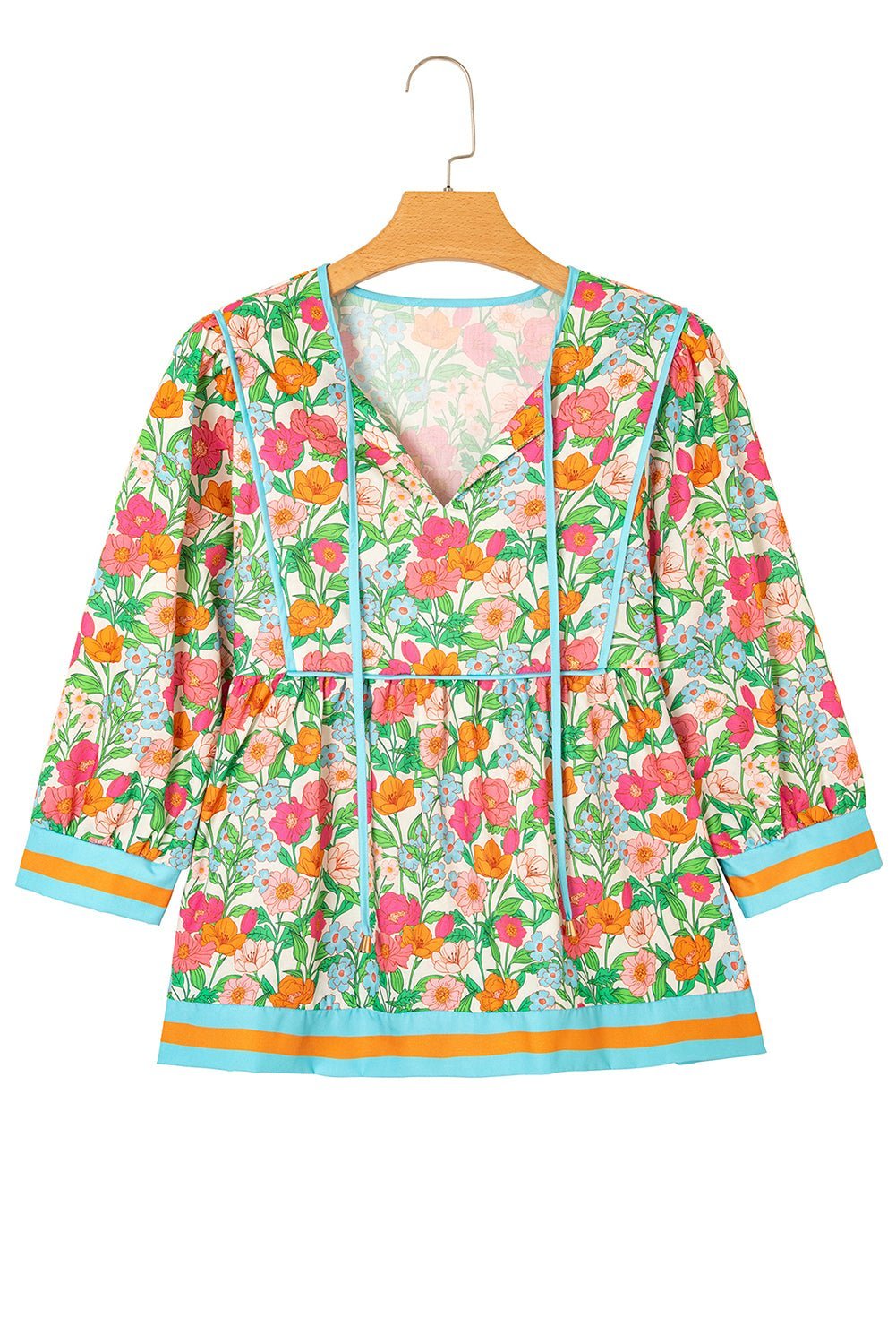 Green Floral Print Striped Trim Puff Sleeve Babydoll Blouse - MAD RUFFI