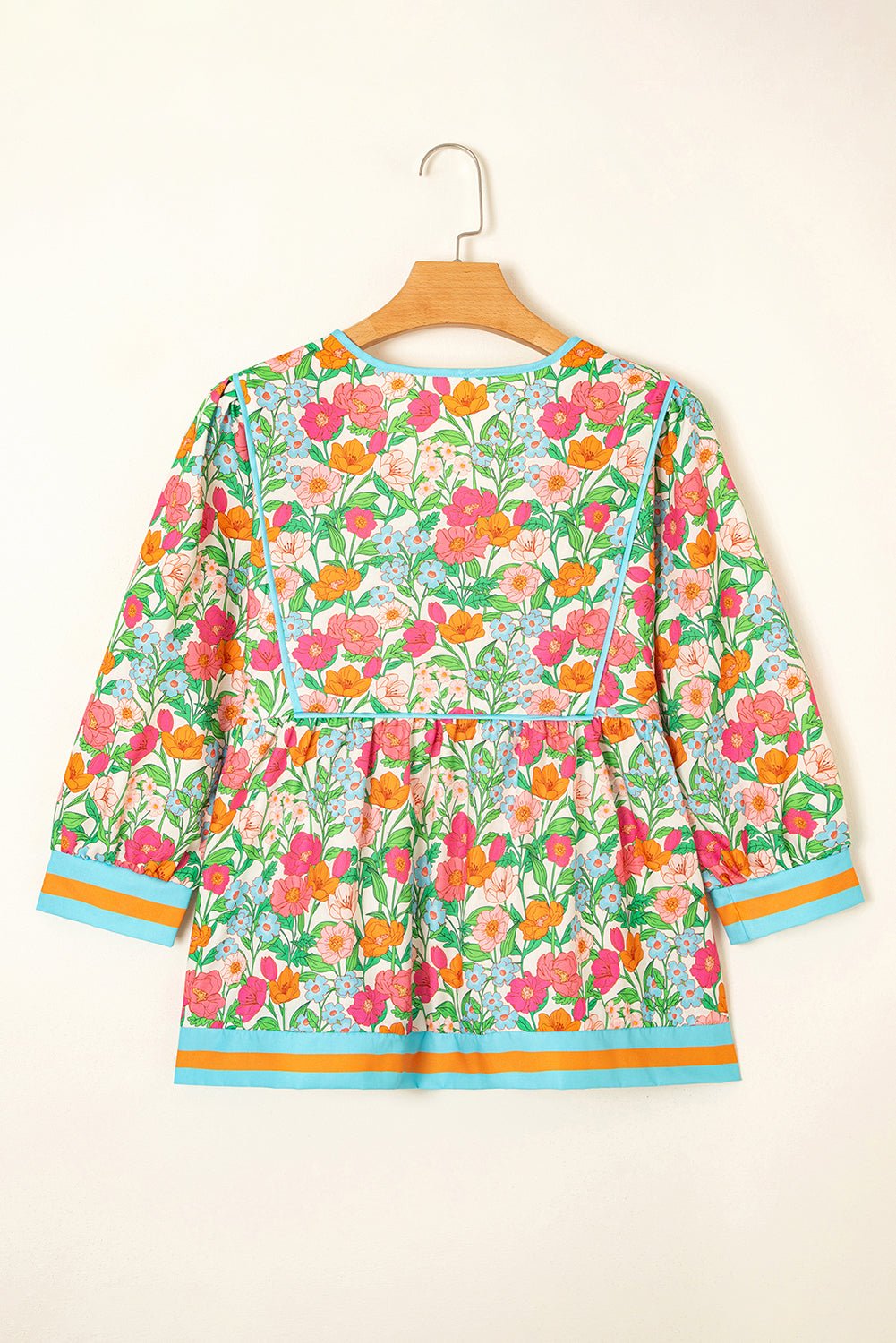 Green Floral Print Striped Trim Puff Sleeve Babydoll Blouse - MAD RUFFI