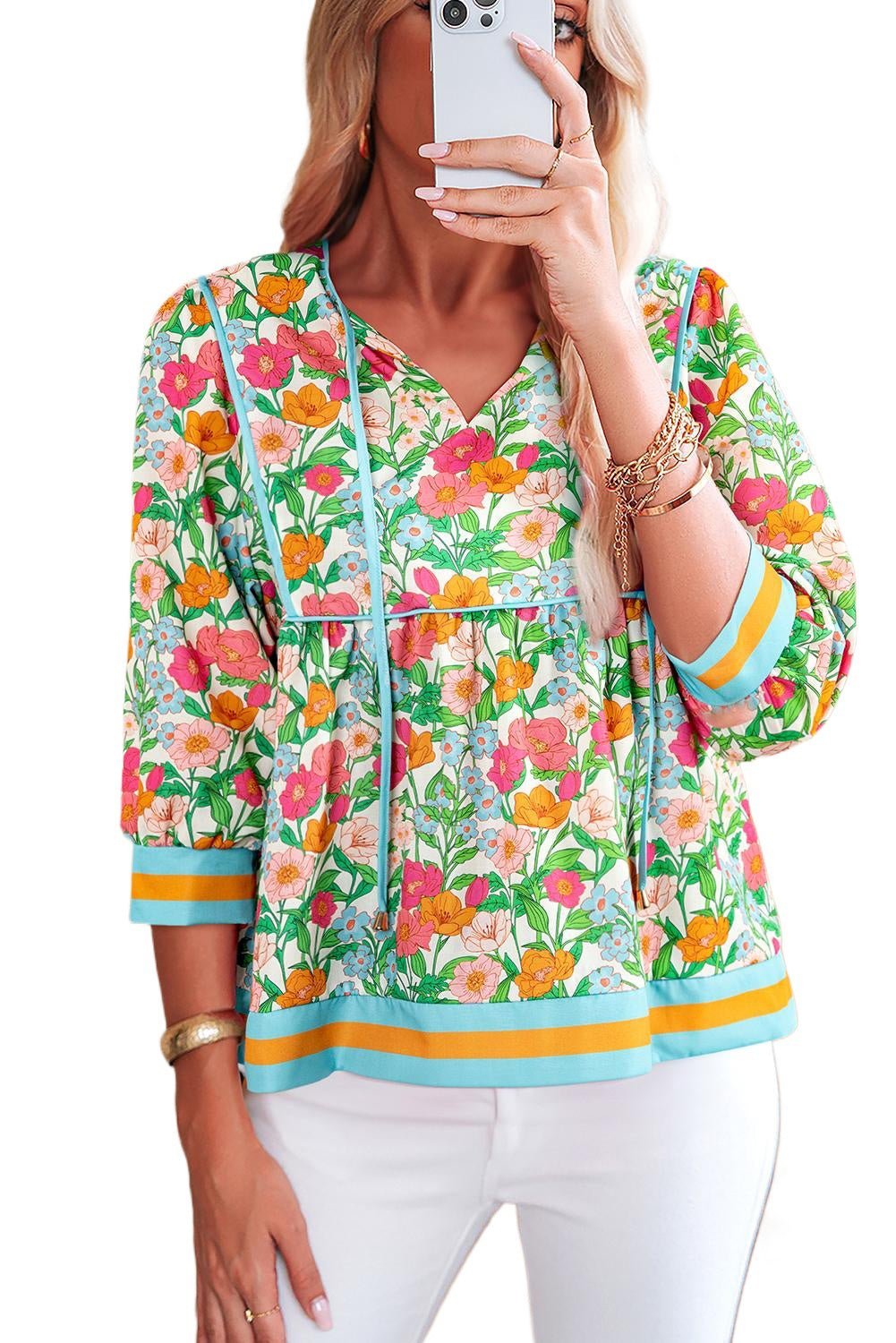 Green Floral Print Striped Trim Puff Sleeve Babydoll Blouse - MAD RUFFI