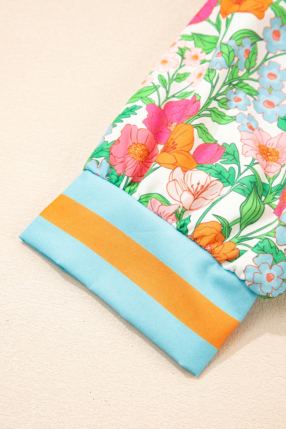 Green Floral Print Striped Trim Puff Sleeve Babydoll Blouse - MAD RUFFI