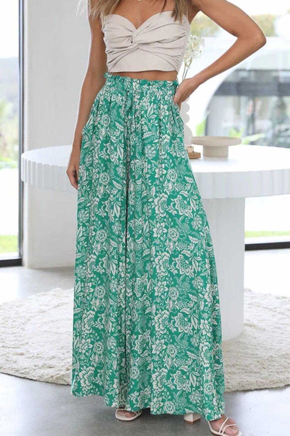 green floral print tie waist wide leg pants - MAD RUFFI