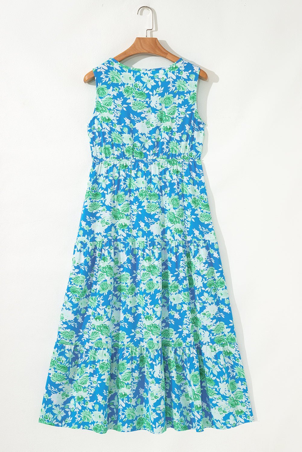 Green Floral Print Trimmed V Neck Sleeveless Vacation Dress - MAD RUFFI
