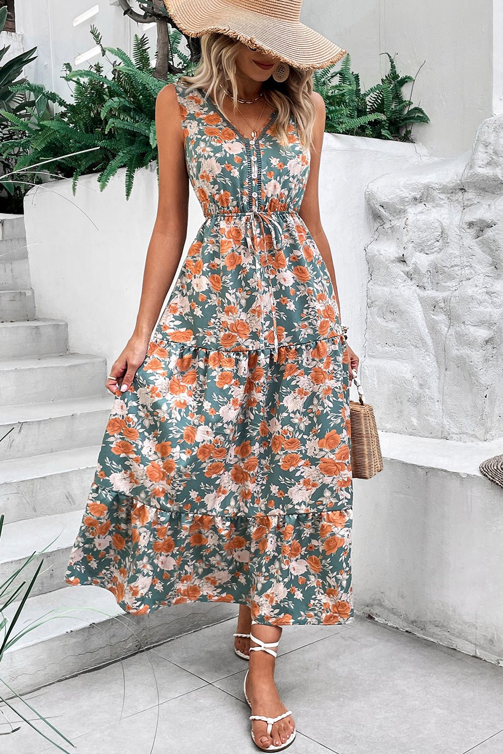 Green Floral Print Trimmed V Neck Sleeveless Vacation Dress - MAD RUFFI