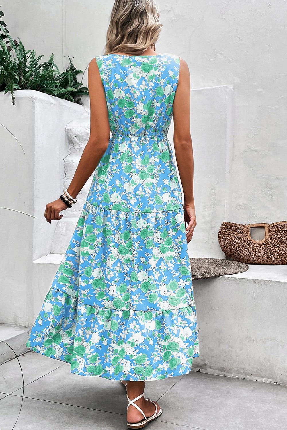 Green Floral Print Trimmed V Neck Sleeveless Vacation Dress - MAD RUFFI