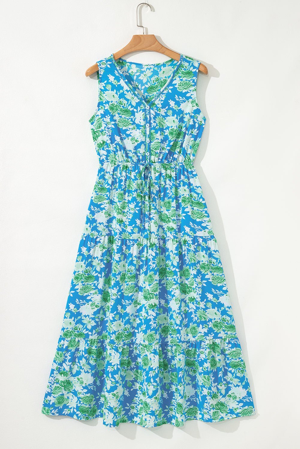 Green Floral Print Trimmed V Neck Sleeveless Vacation Dress - MAD RUFFI