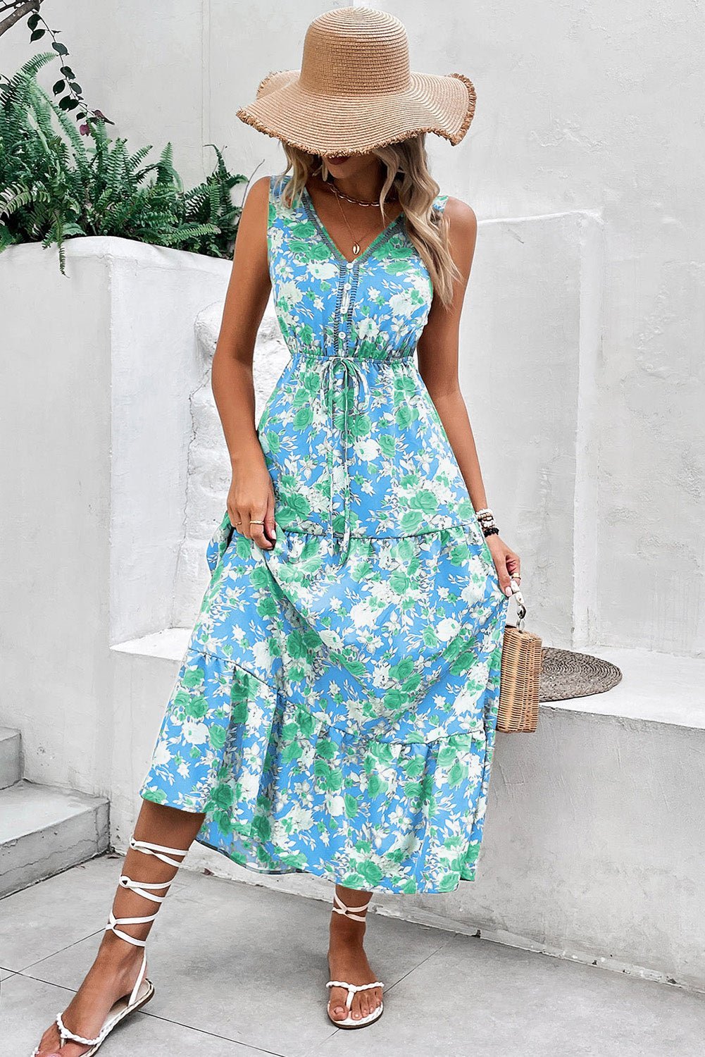 Green Floral Print Trimmed V Neck Sleeveless Vacation Dress - MAD RUFFI