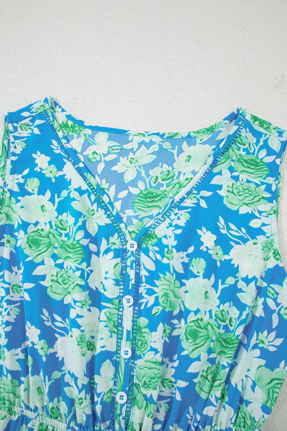 Green Floral Print Trimmed V Neck Sleeveless Vacation Dress - MAD RUFFI