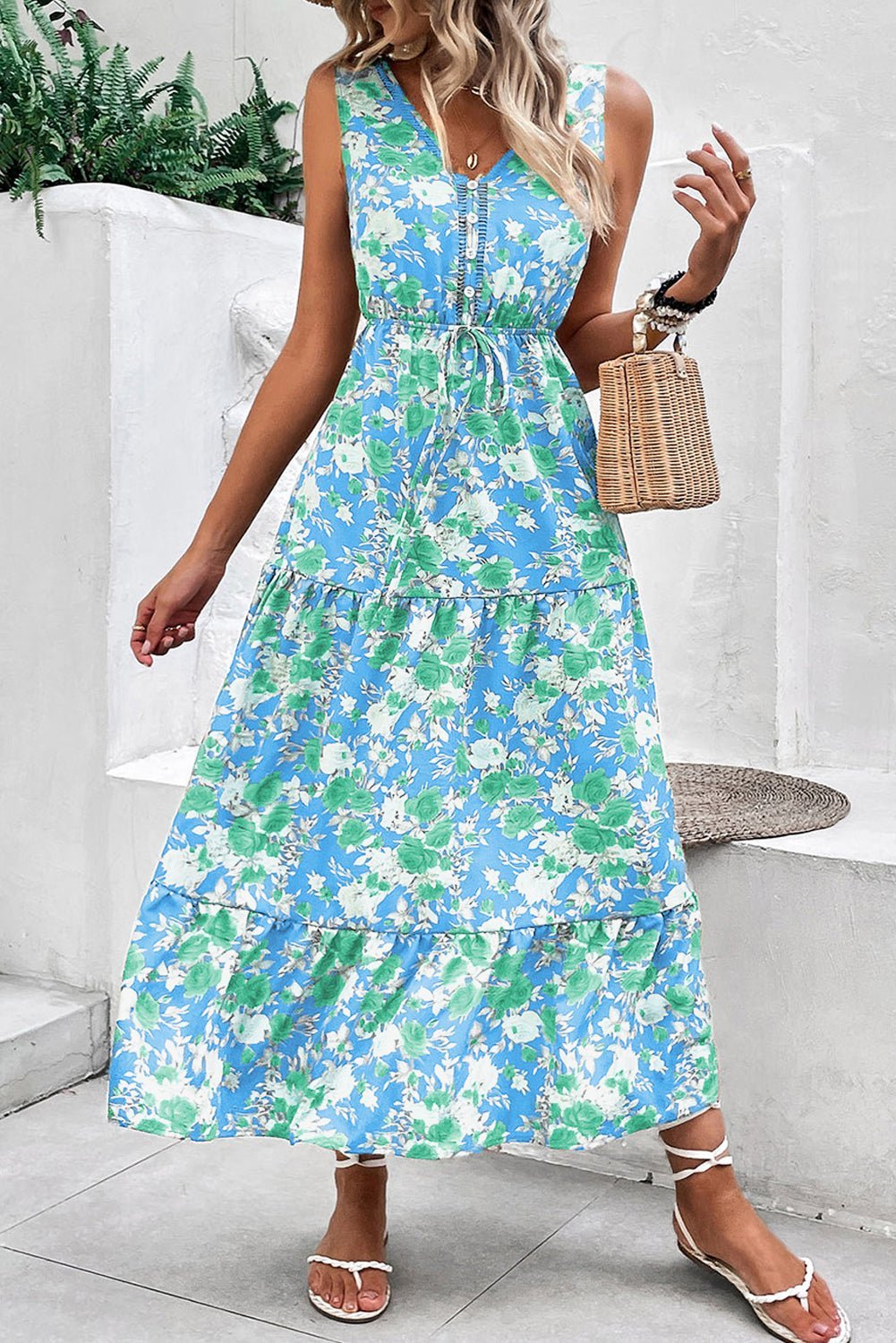 Green Floral Print Trimmed V Neck Sleeveless Vacation Dress - MAD RUFFI