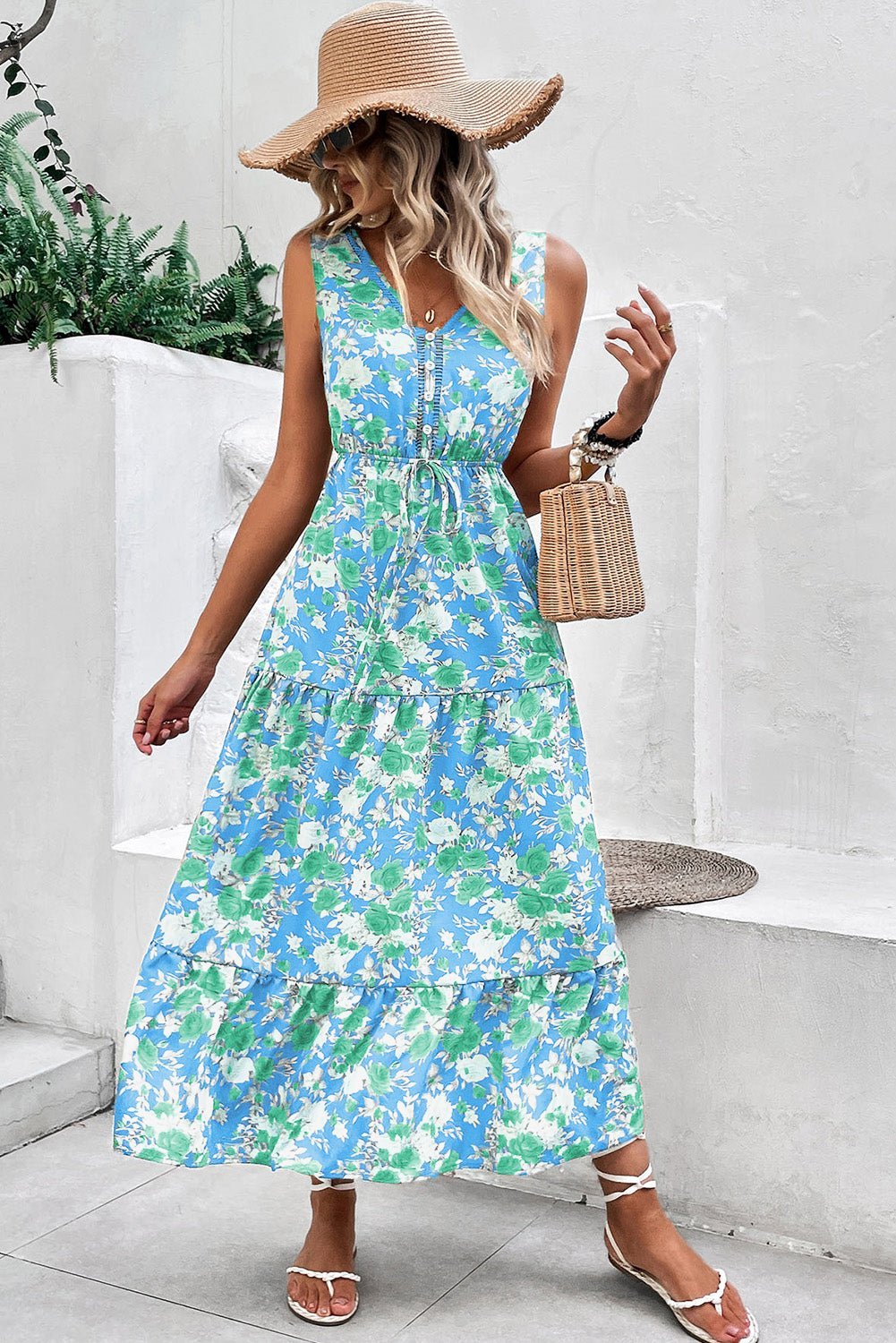 Green Floral Print Trimmed V Neck Sleeveless Vacation Dress - MAD RUFFI