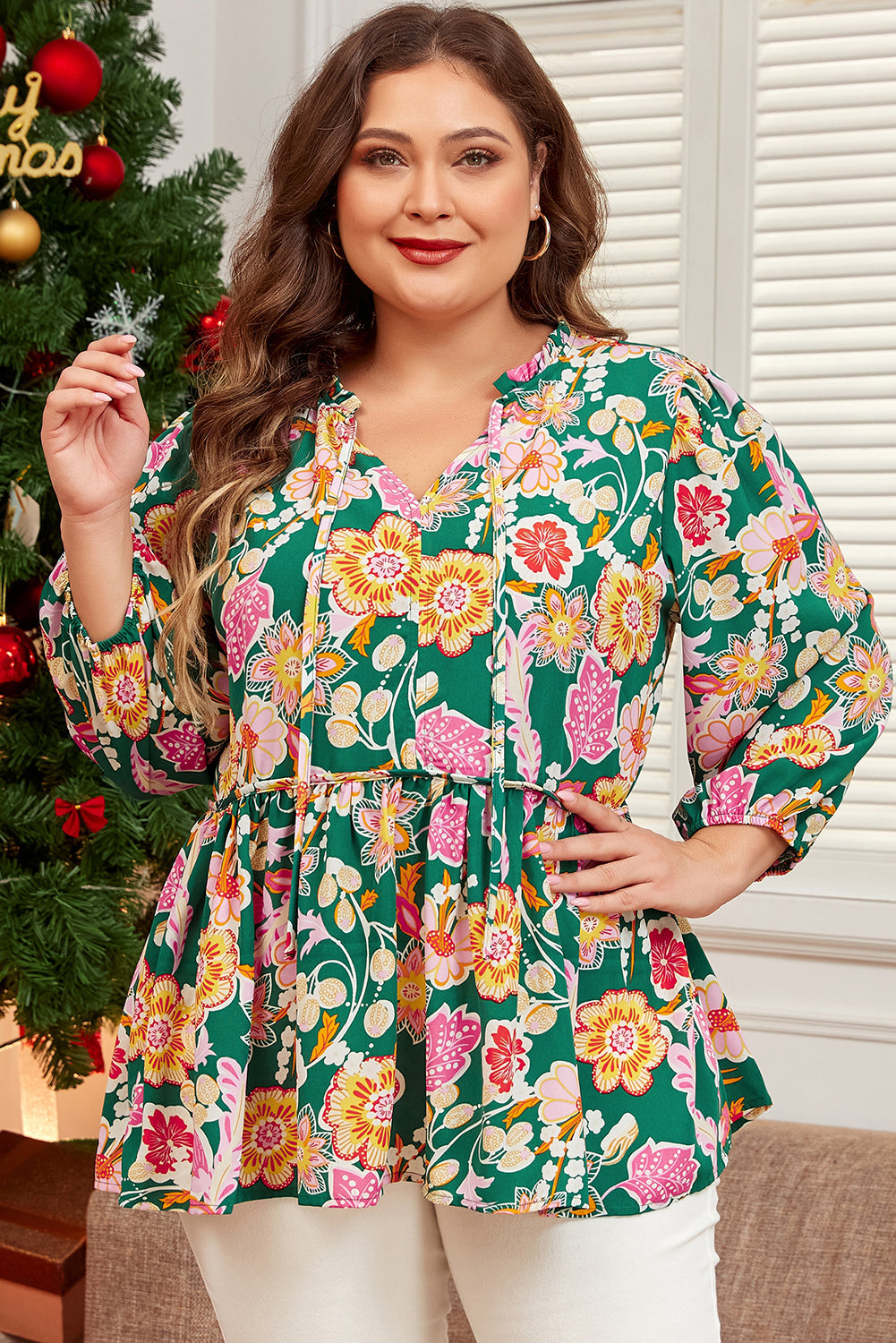 Green Floral Print V Neck Plus Size Babydoll Top - MAD RUFFI