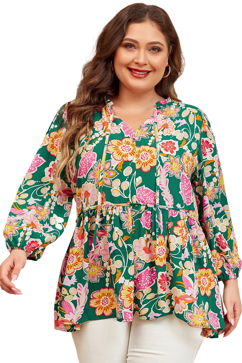 Green Floral Print V Neck Plus Size Babydoll Top - MAD RUFFI