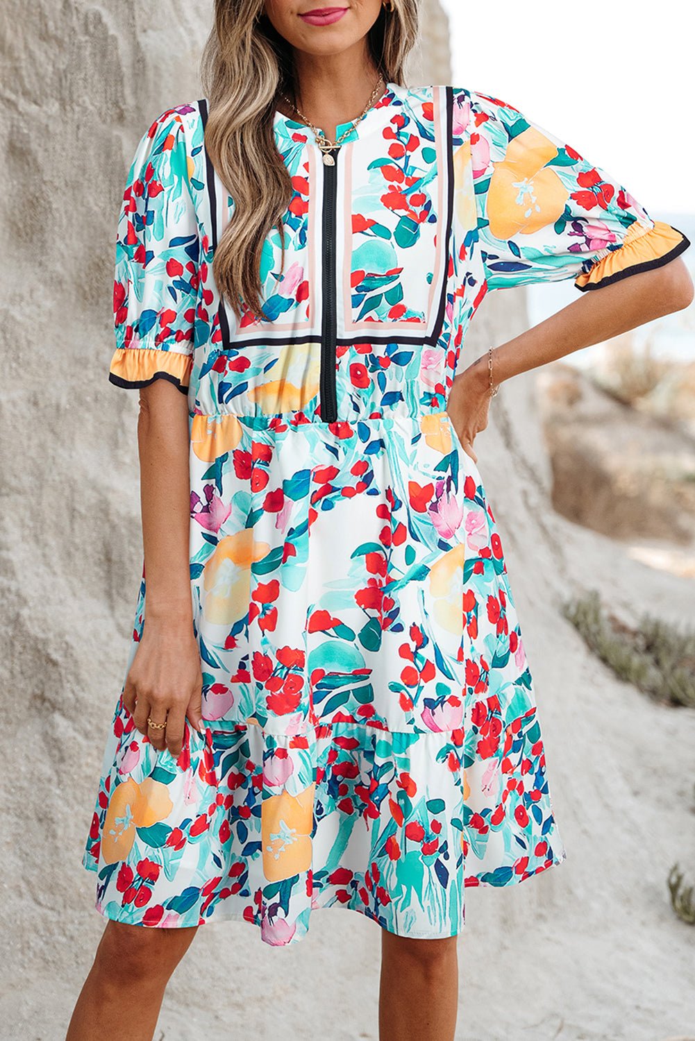 Green Floral Print Zipper Ruffled Short Sleeve High Waist Mini Dress - MAD RUFFI