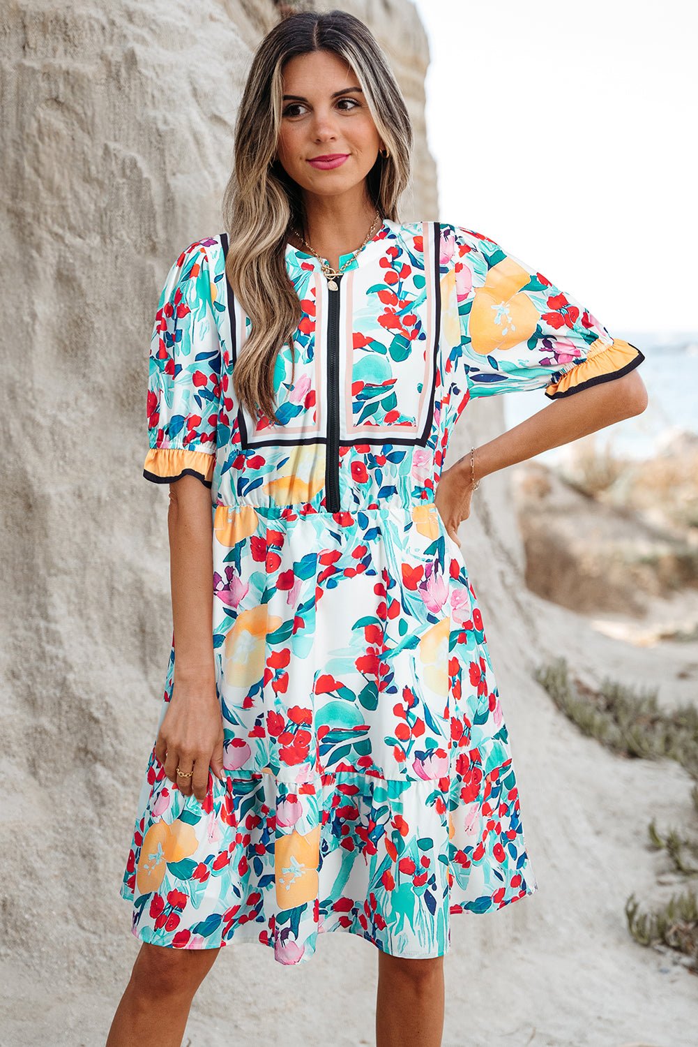 Green Floral Print Zipper Ruffled Short Sleeve High Waist Mini Dress - MAD RUFFI