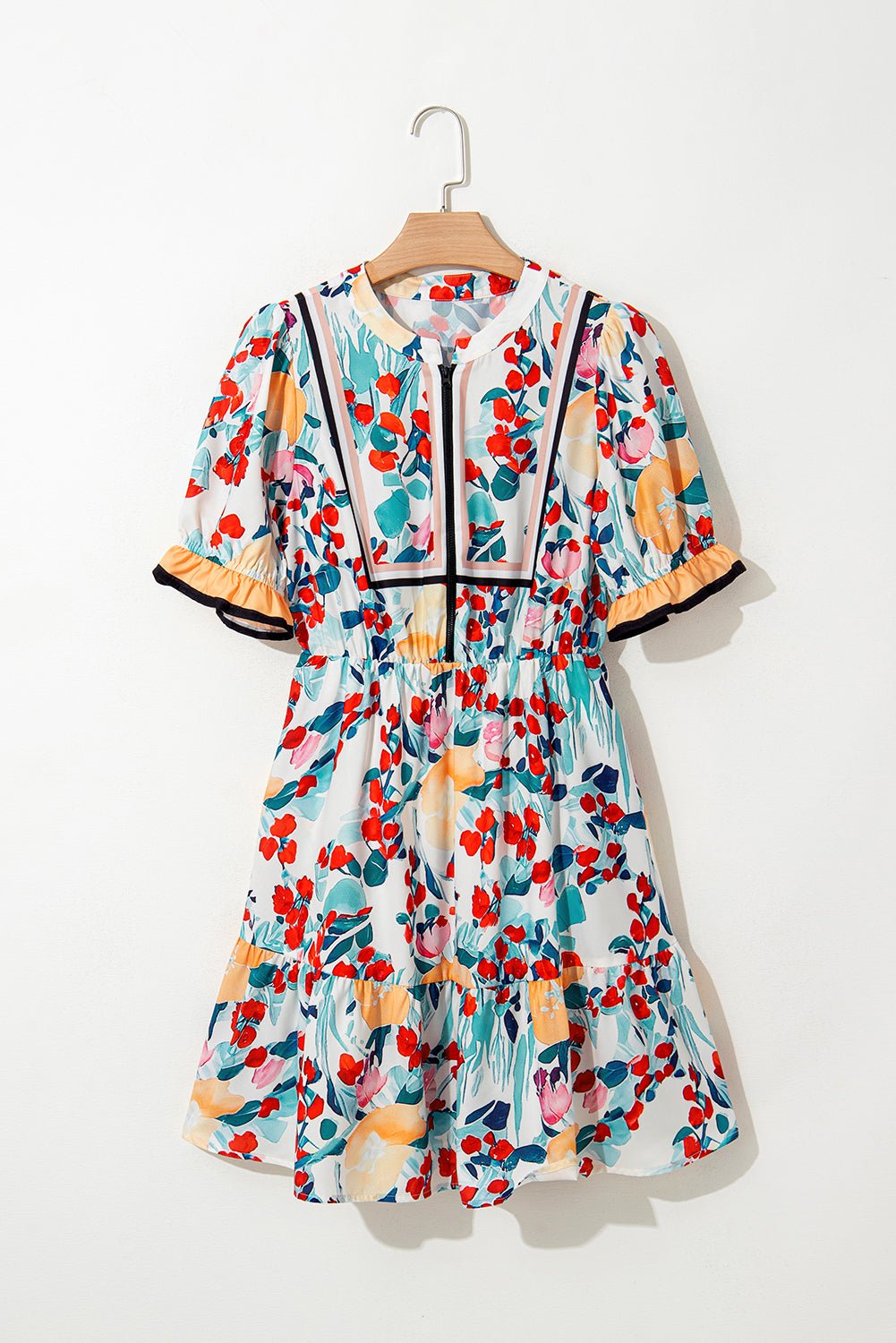 Green Floral Print Zipper Ruffled Short Sleeve High Waist Mini Dress - MAD RUFFI