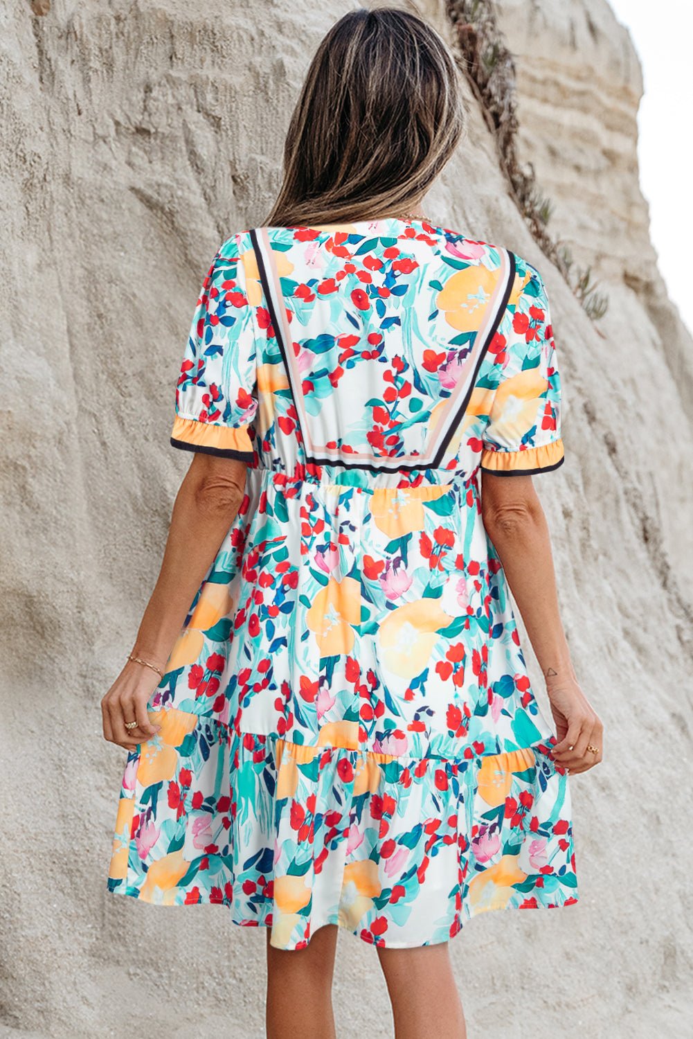 Green Floral Print Zipper Ruffled Short Sleeve High Waist Mini Dress - MAD RUFFI