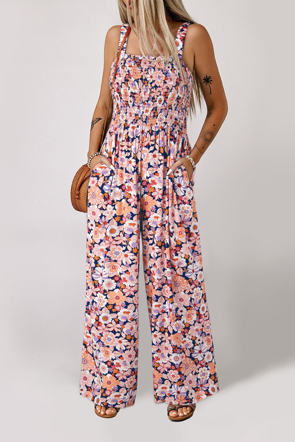 Green Floral Square Neckline Stretch High Waist Jumpsuit - MAD RUFFI