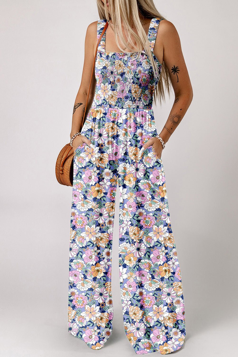 Green Floral Square Neckline Stretch High Waist Jumpsuit - MAD RUFFI