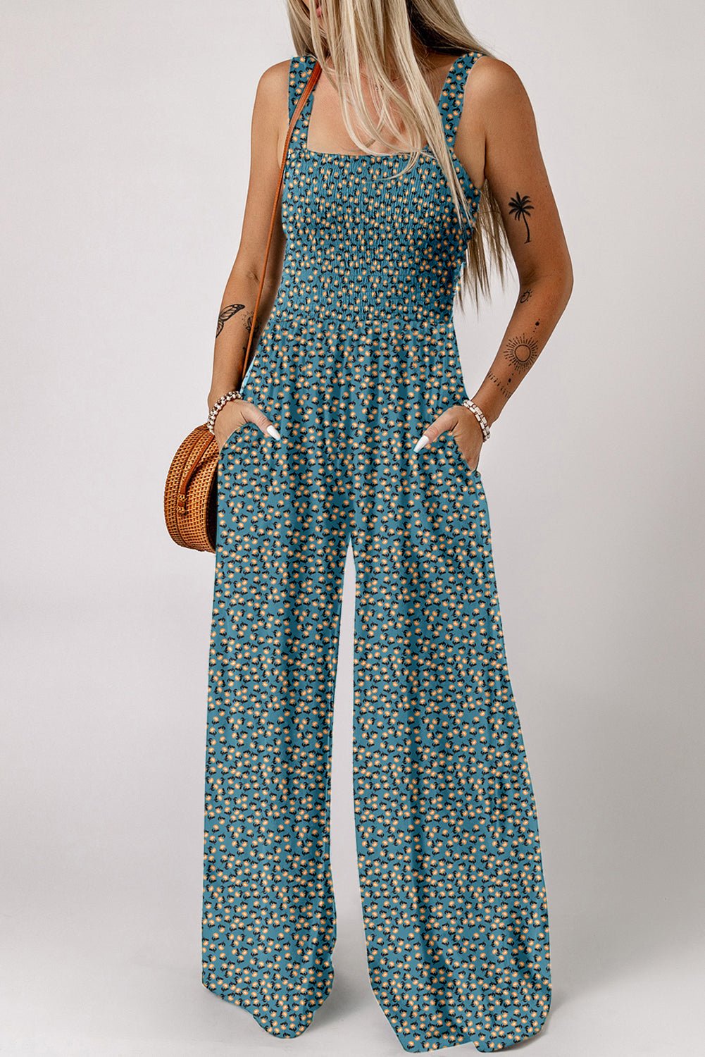 Green Floral Square Neckline Stretch High Waist Jumpsuit - MAD RUFFI