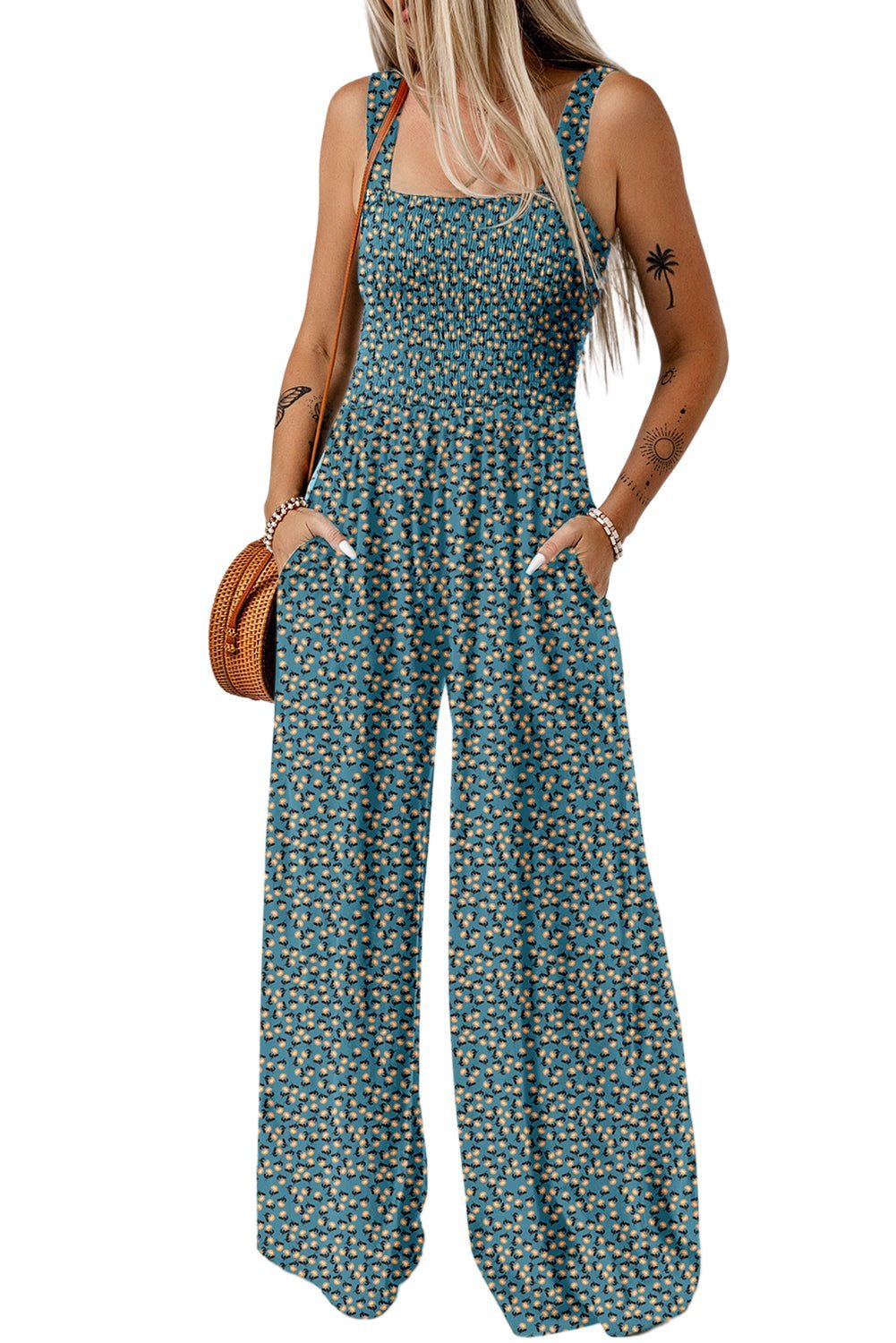 Green Floral Square Neckline Stretch High Waist Jumpsuit - MAD RUFFI