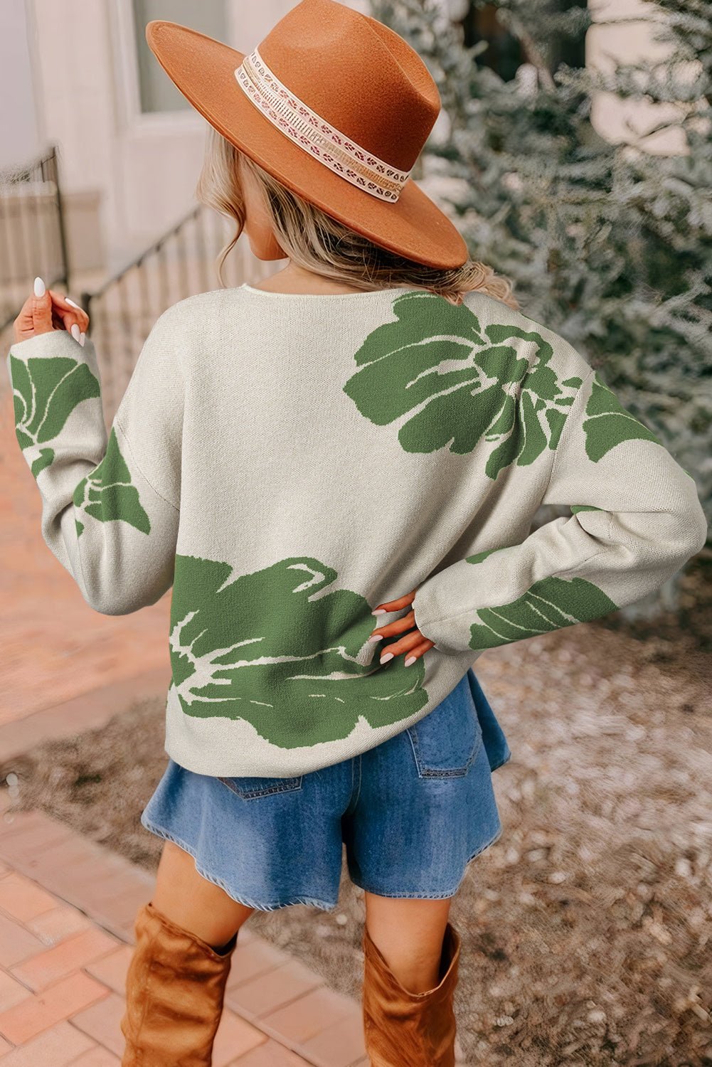 Green Flower Pattern Drop Sleeve Baggy Sweater - MAD RUFFI
