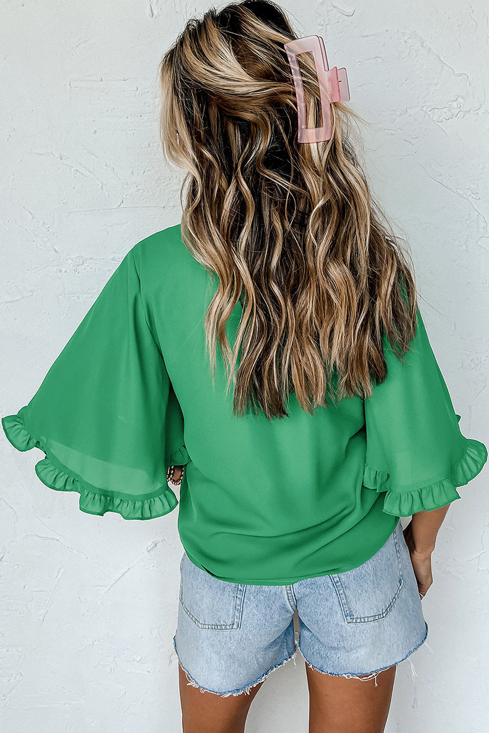 Green Frilly Round Neck Wide Half Sleeve Blouse - MAD RUFFI