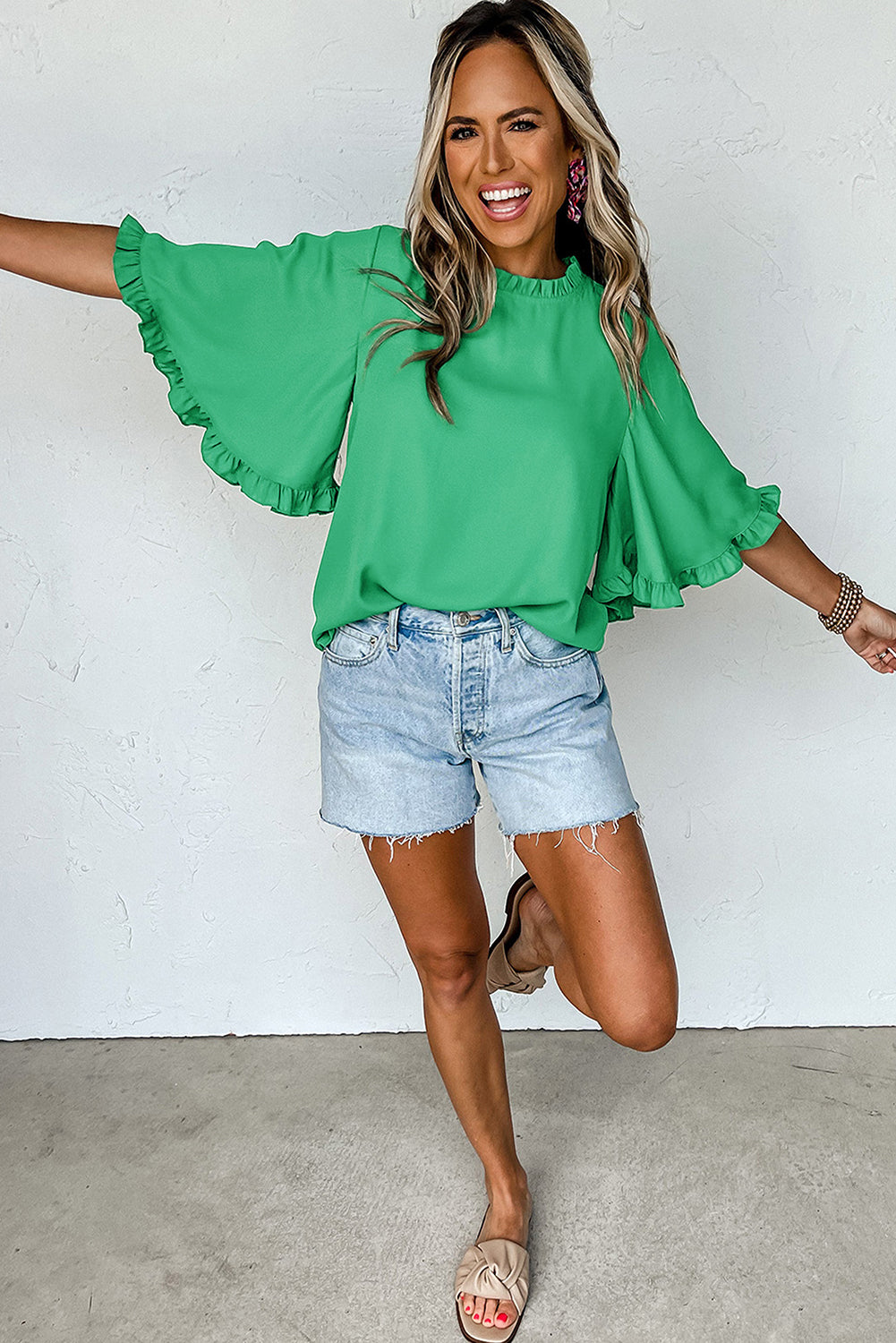 Green Frilly Round Neck Wide Half Sleeve Blouse - MAD RUFFI