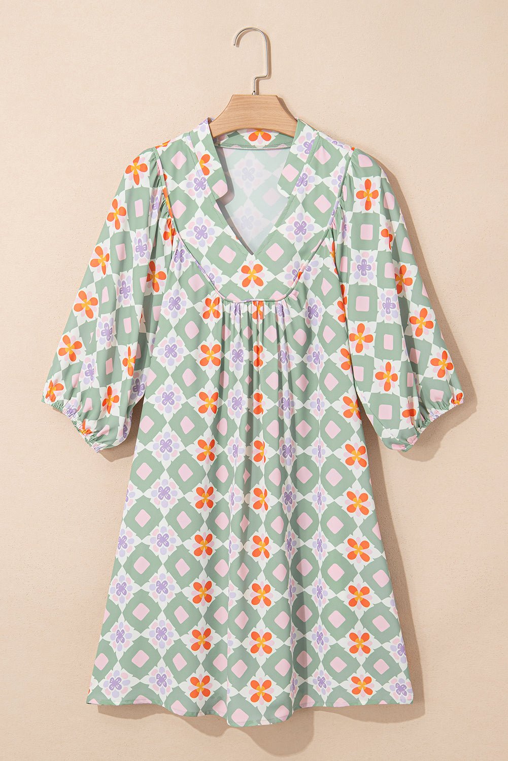Green Geometric Floral Print 3/4 Sleeve Notched Neck Mini Dress - MAD RUFFI