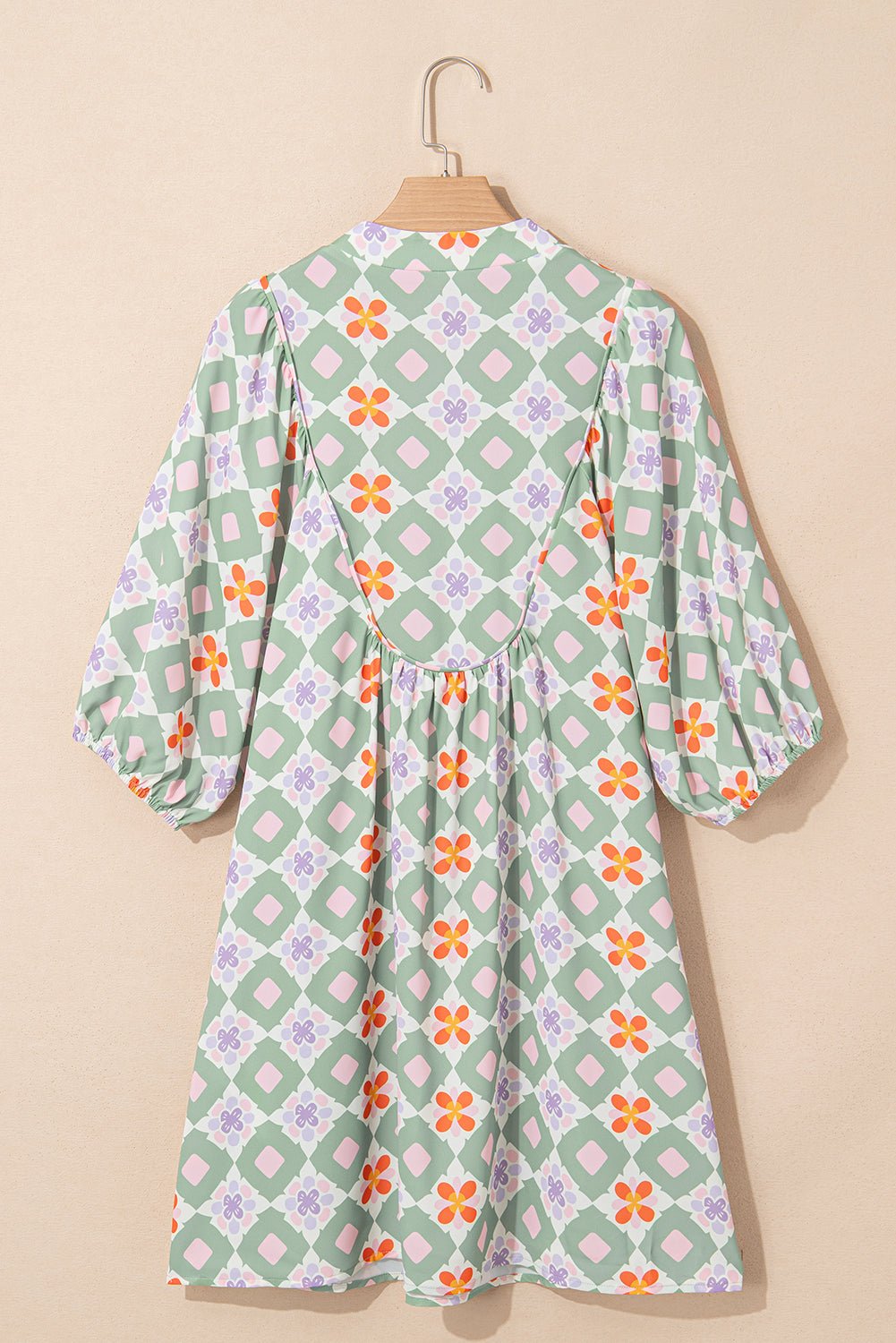 Green Geometric Floral Print 3/4 Sleeve Notched Neck Mini Dress - MAD RUFFI