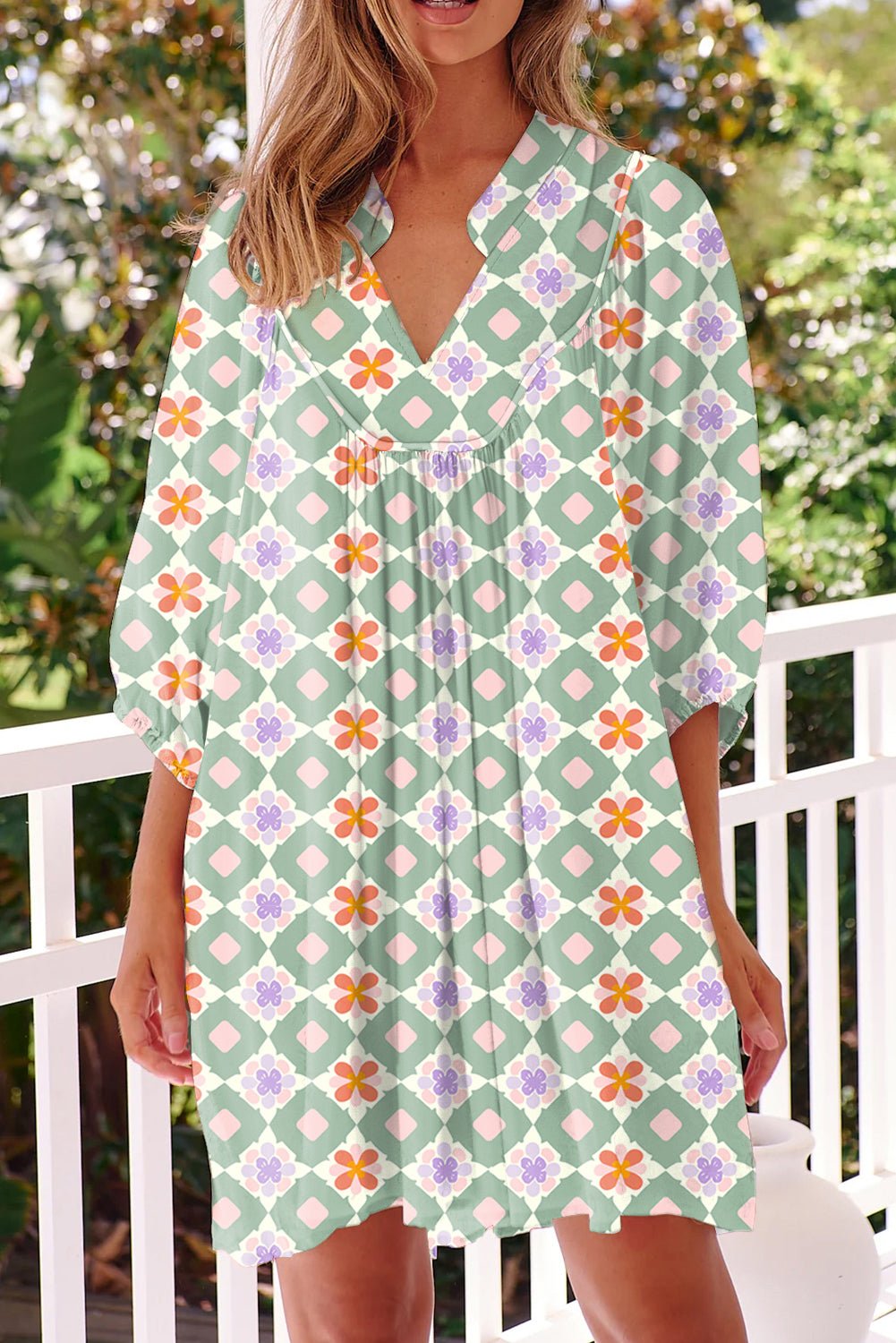 Green Geometric Floral Print 3/4 Sleeve Notched Neck Mini Dress - MAD RUFFI