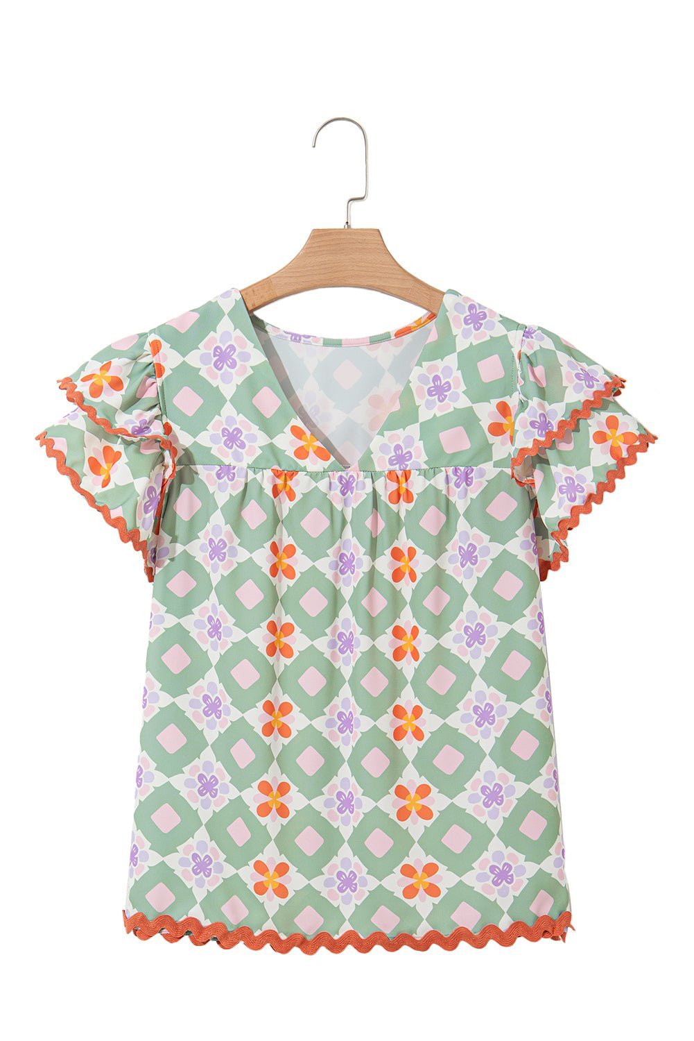 Green Geometric Floral Print Ric Rac Trim Flutter Sleeve Boho Blouse - MAD RUFFI