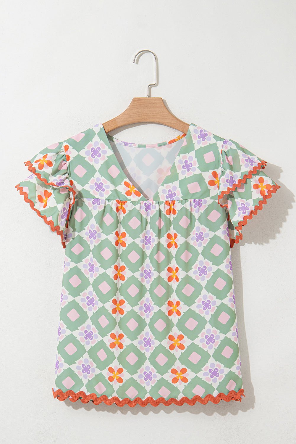 Green Geometric Floral Print Ric Rac Trim Flutter Sleeve Boho Blouse - MAD RUFFI