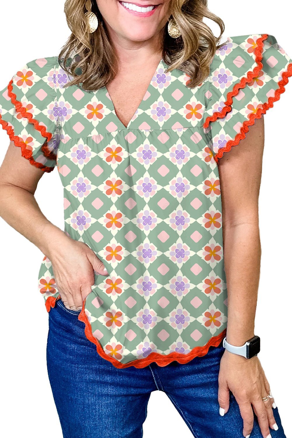 Green Geometric Floral Print Ric Rac Trim Flutter Sleeve Boho Blouse - MAD RUFFI